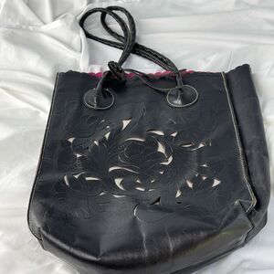 Patricia Nash Leather Tote Handbag Black Tooled Cutout 13x16 Pink Int Dustbag